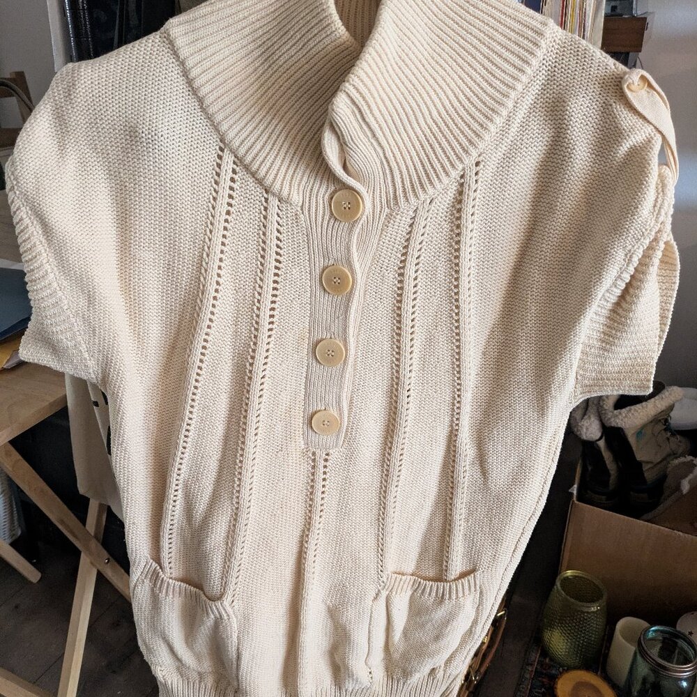 BCBG Vintage Coroze Pointelle Ribbed Short Sleeve Oversized Ivory Knit Sweater